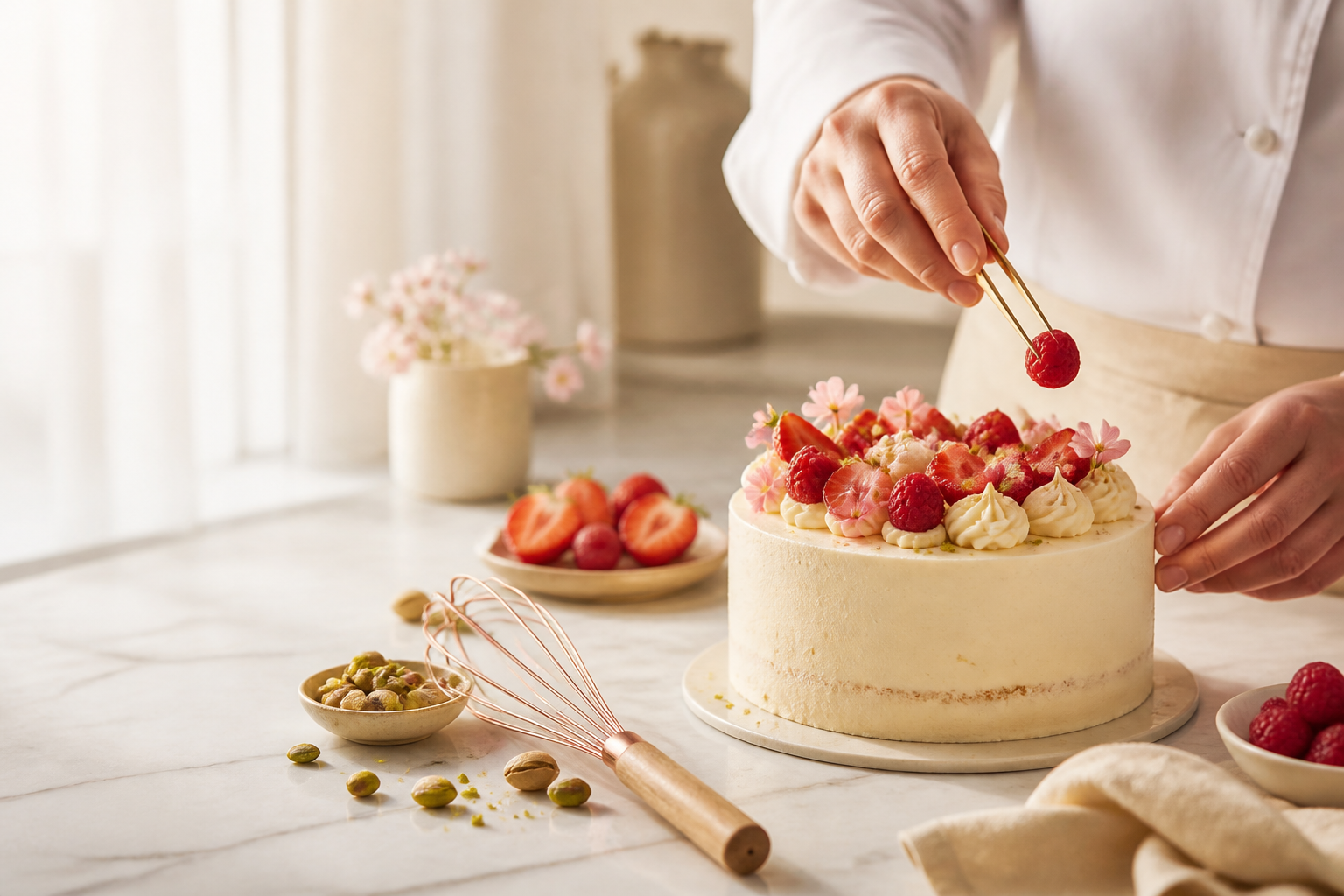 Décoration minutieuse d’un gâteau aux fruits rouges dans l’atelier La Maryse