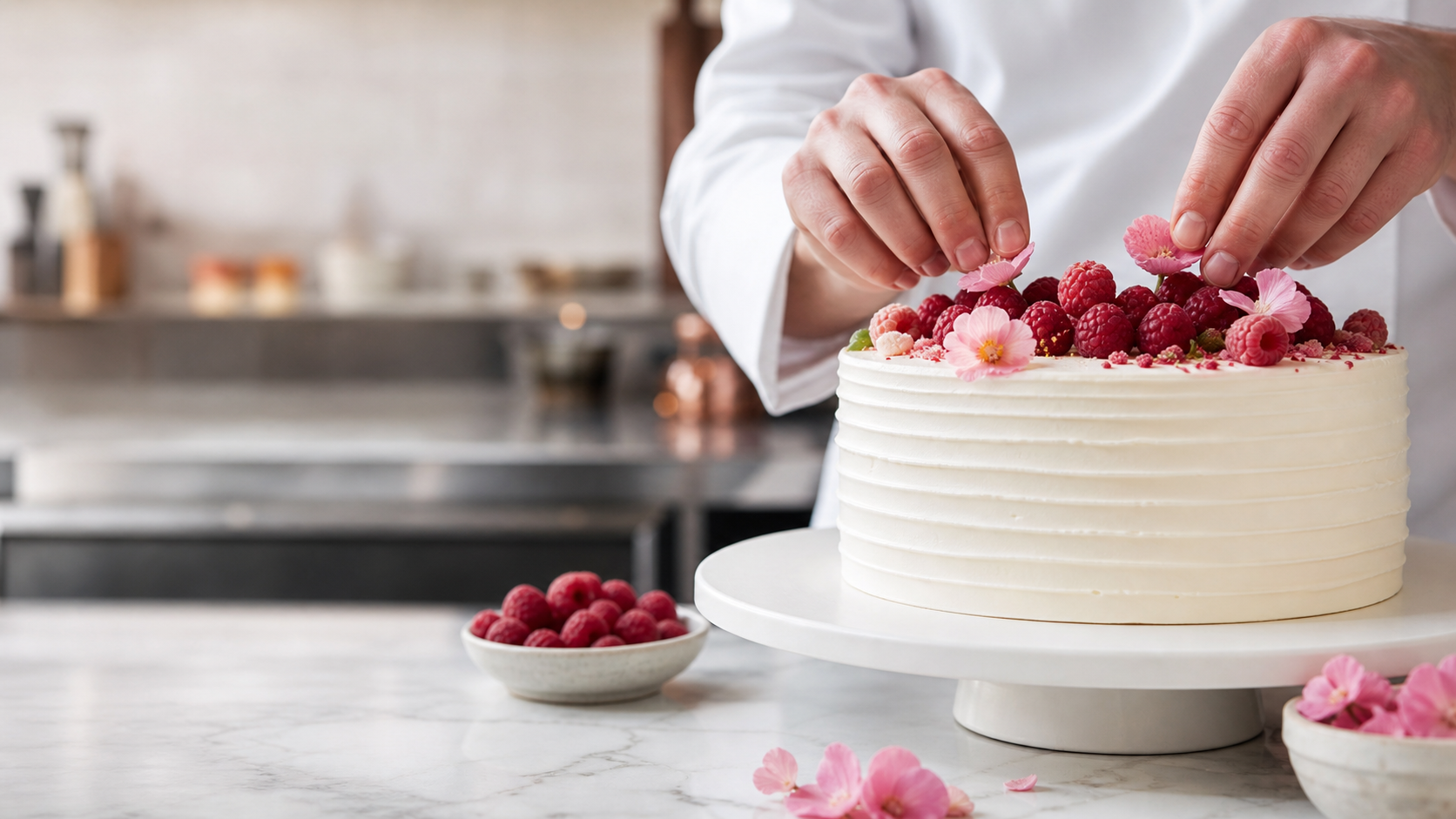 Pâtissier décorant à la main un gâteau aux framboises
