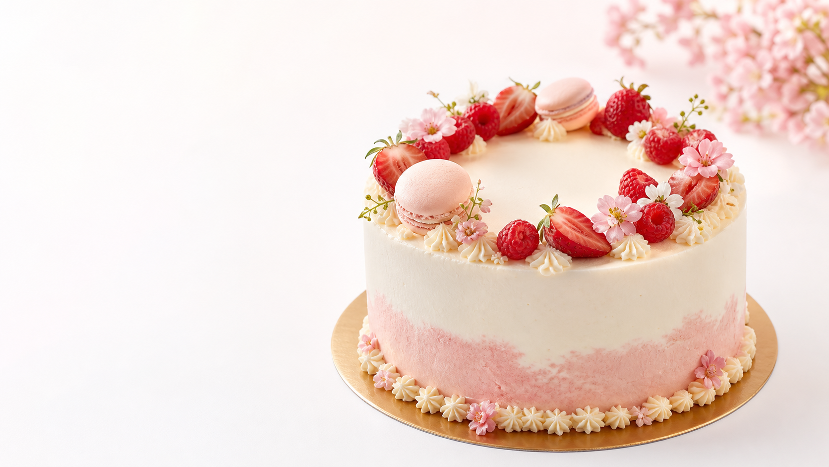 Gâteau La Maryse aux fruits rouges et fleurs roses
